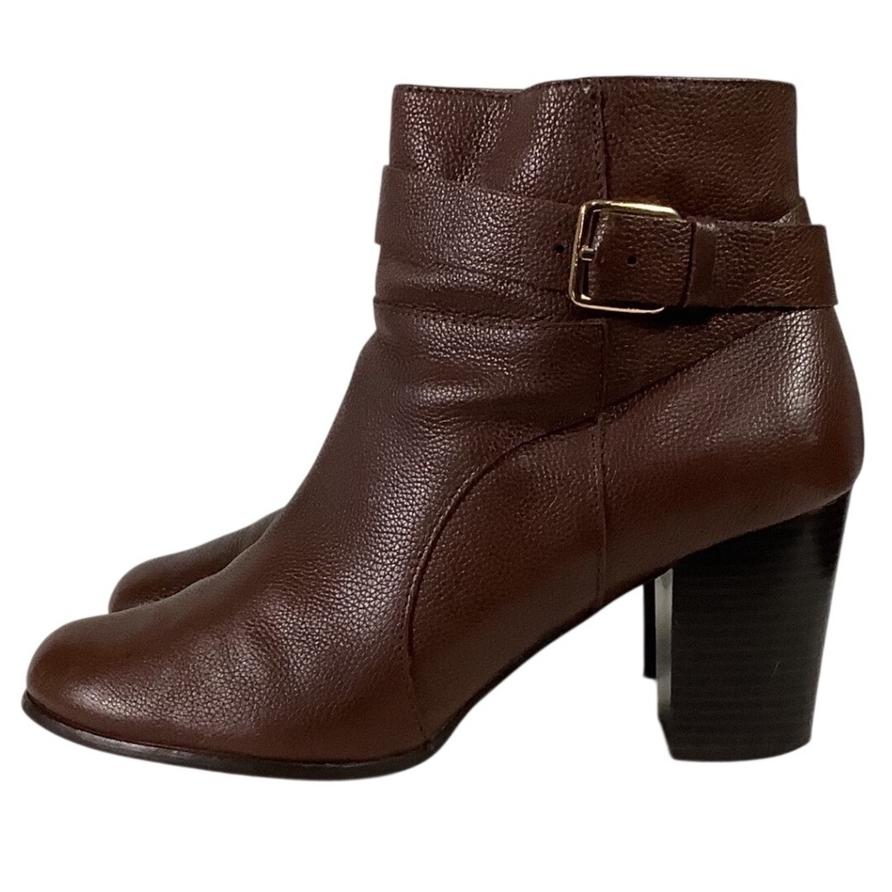 Brown Pebbled Leather Ankle Boots Buckle Strap Block Heel Side Zip Womens